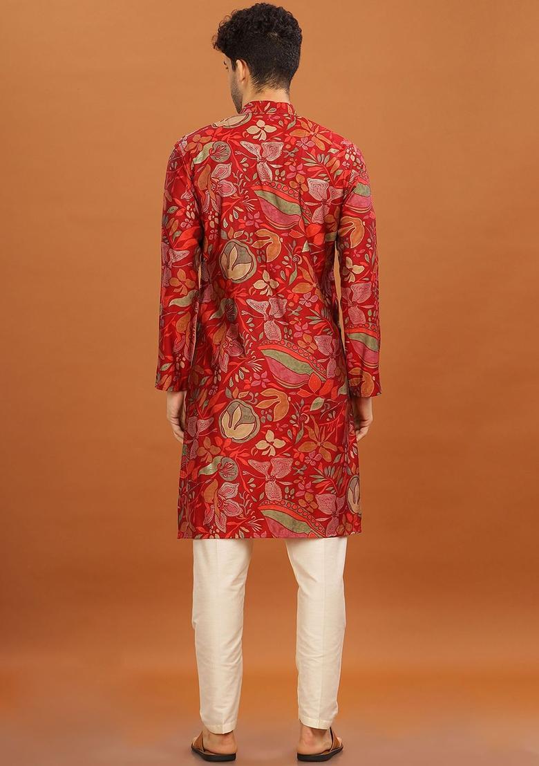 Red Printed Cotton Kurta For Men - Indya