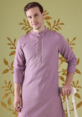 Purple Striped Polyester Kurta For Men