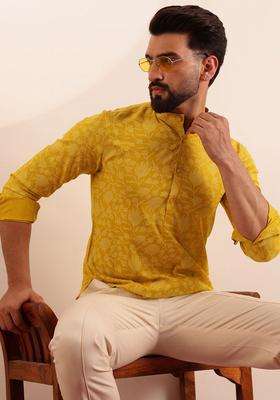 Yellow Printed Linen Kurta For Men