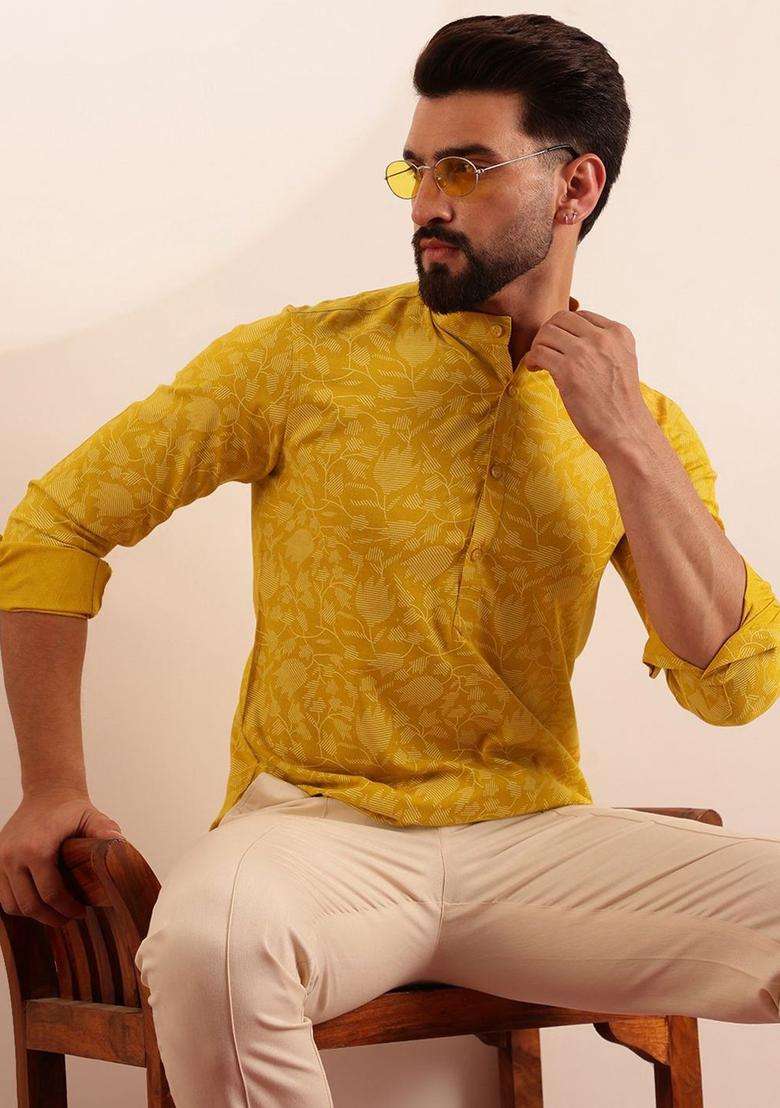 Yellow Printed Linen Kurta For Men - Indya
