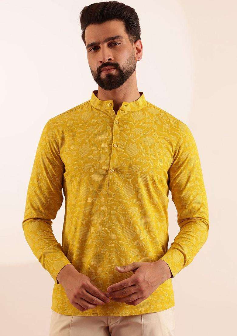 Yellow Printed Linen Kurta For Men - Indya