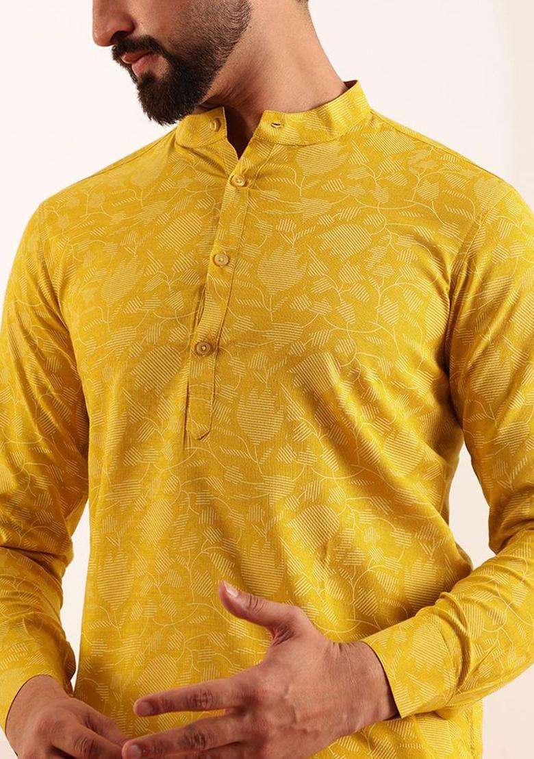 Yellow Printed Linen Kurta For Men - Indya