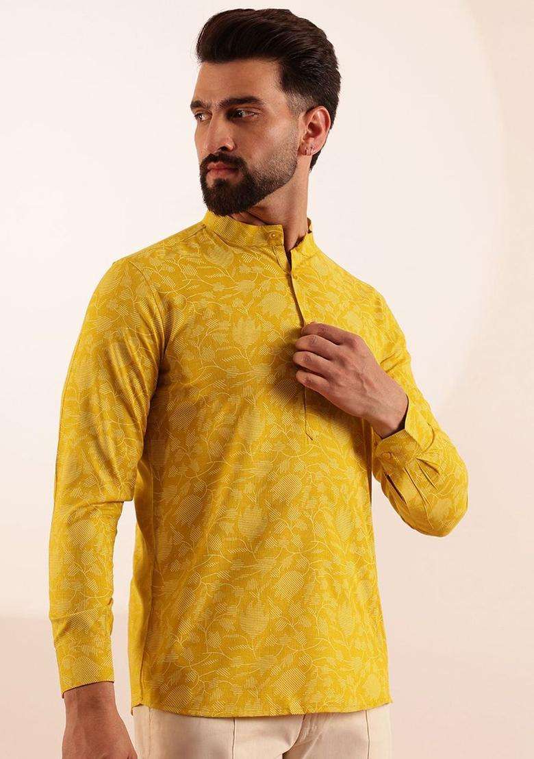 Yellow Printed Linen Kurta For Men - Indya