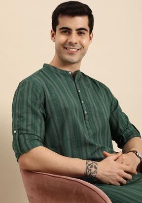 Green Striped Polyester Kurta For Men