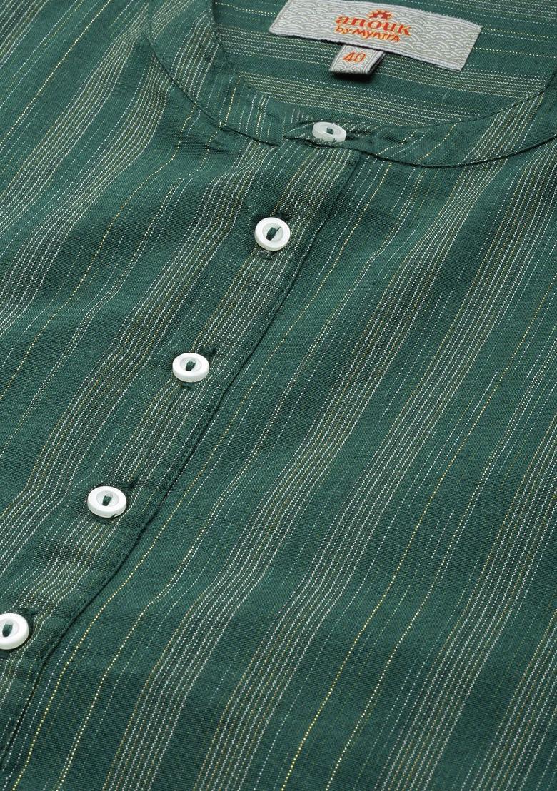Green Striped Polyester Kurta For Men - Indya