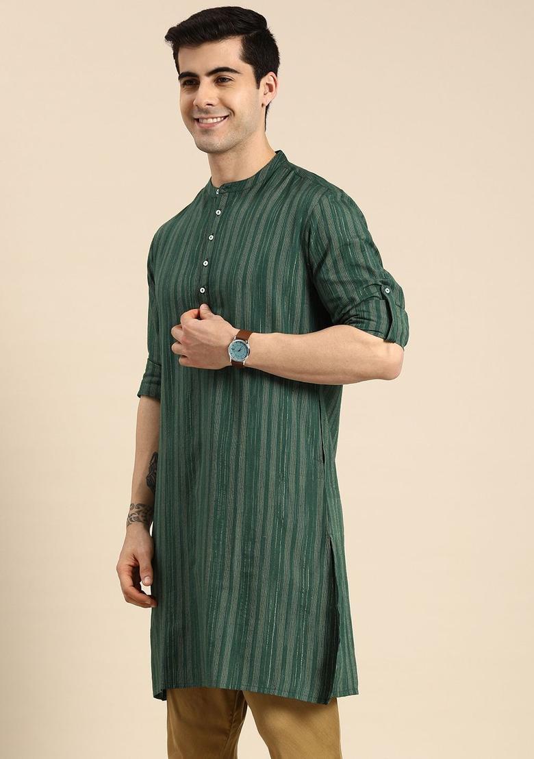 Green Striped Polyester Kurta For Men - Indya