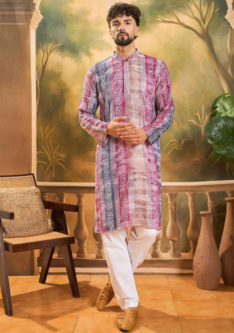 Multi Embroidered Viscose Kurta For Men - Indya