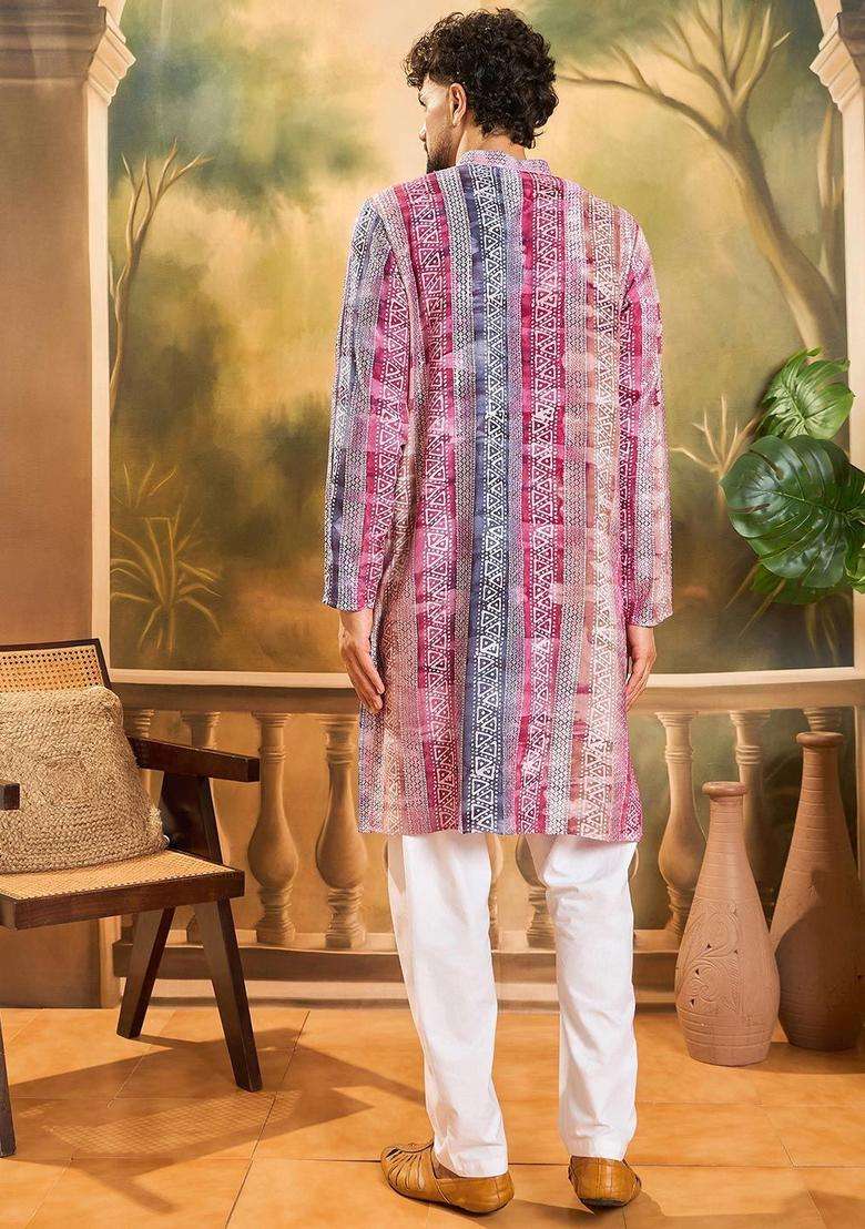 Multi Embroidered Viscose Kurta For Men - Indya