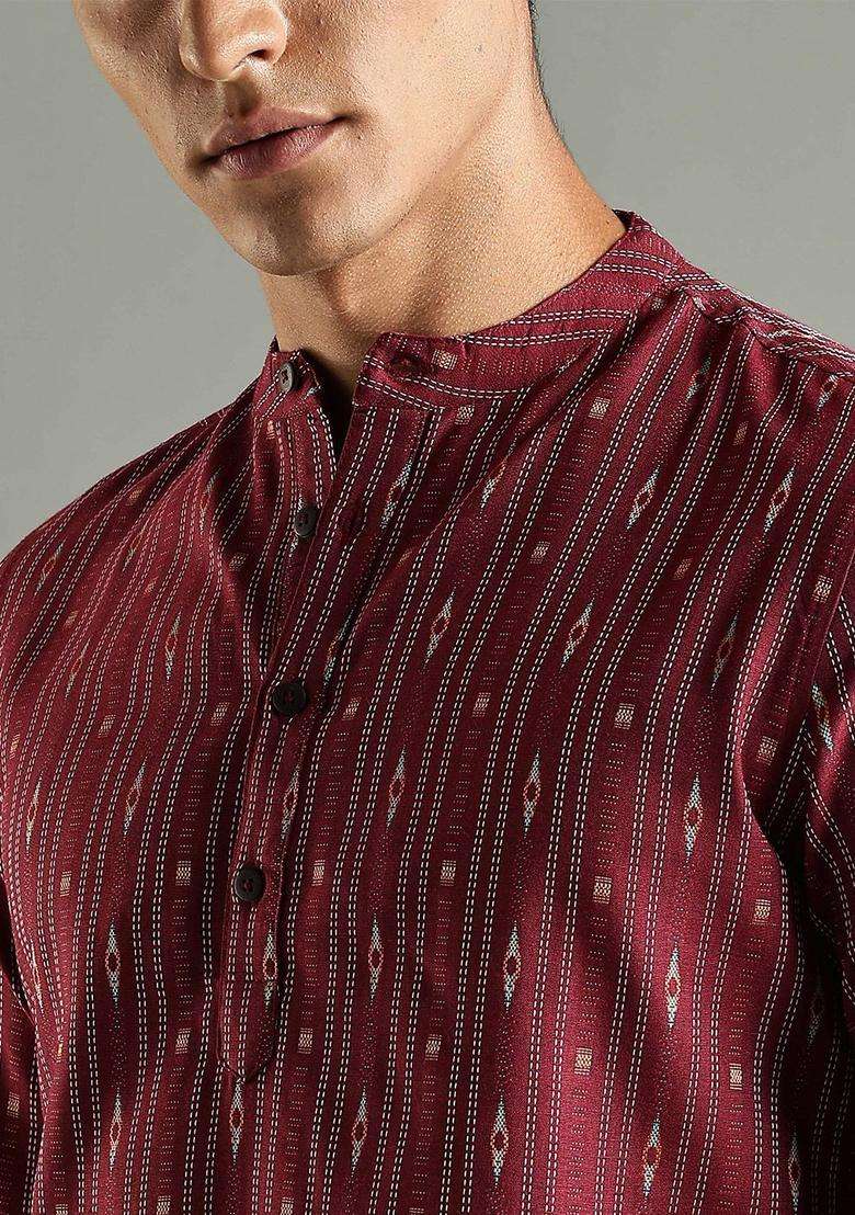 Maroon Striped Blended Kurta For Men - Indya
