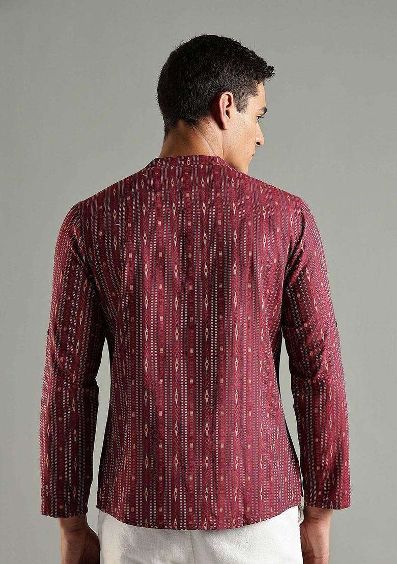 Maroon Striped Blended Kurta For Men - Indya