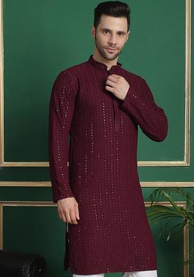 Purple Woven Design Viscose Kurta For Men