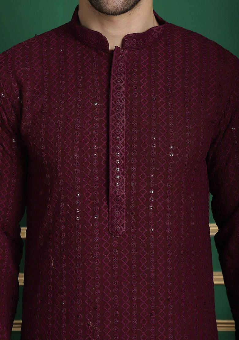 Purple Woven Design Viscose Kurta For Men - Indya