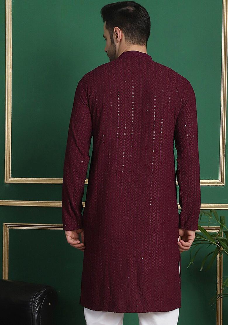 Purple Woven Design Viscose Kurta For Men - Indya