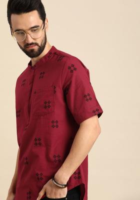 Red Printed Cotton Kurta For Men