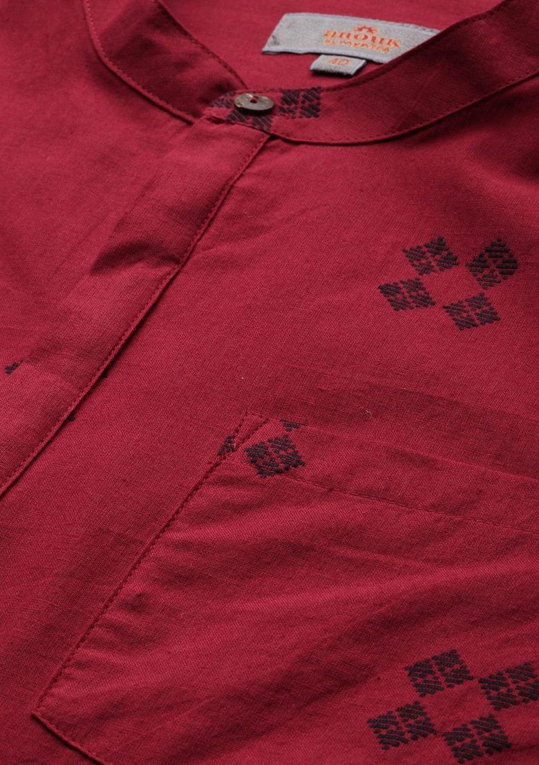 Red Printed Cotton Kurta For Men - Indya