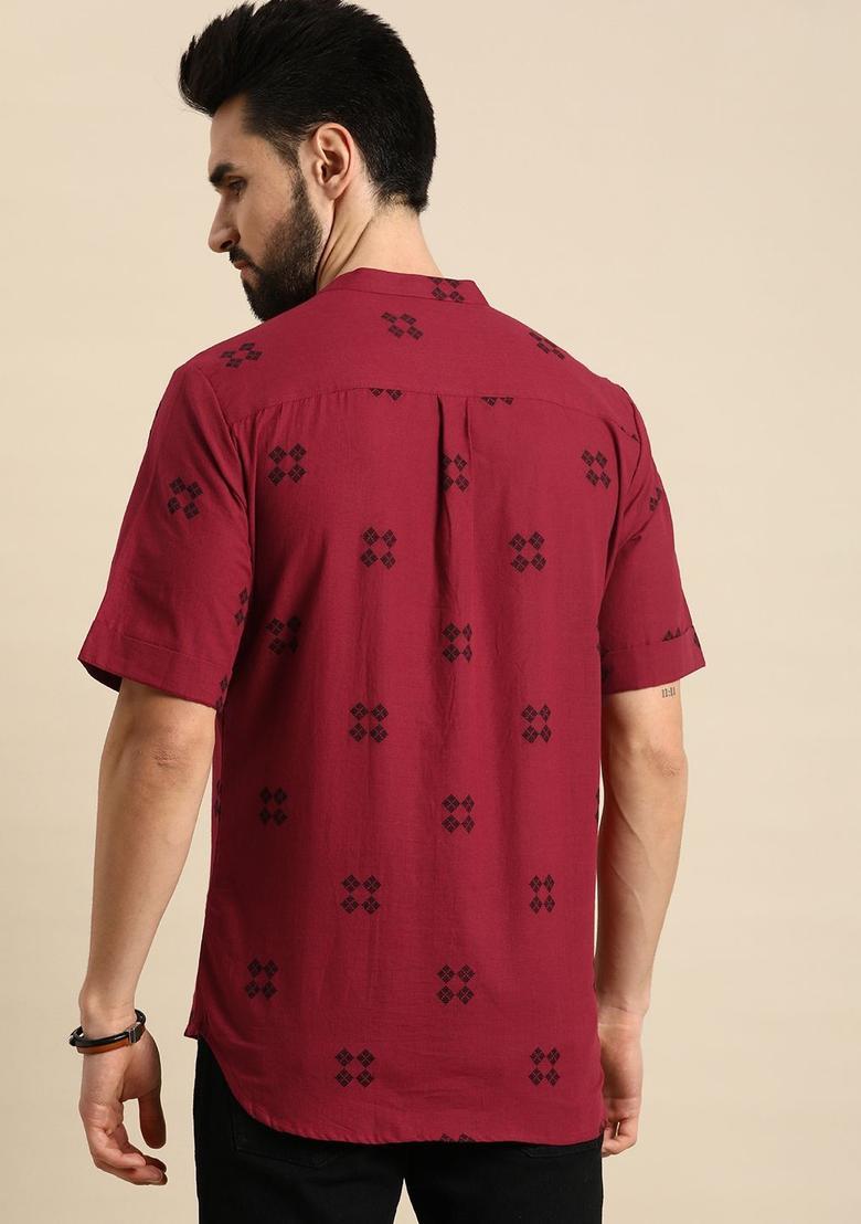 Red Printed Cotton Kurta For Men - Indya