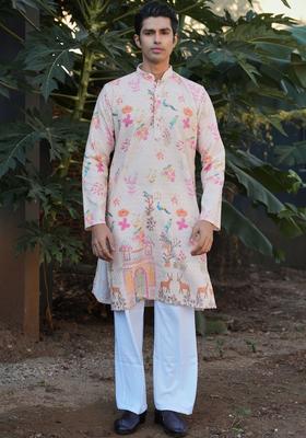 Beige Embroidered Cotton Kurta For Men