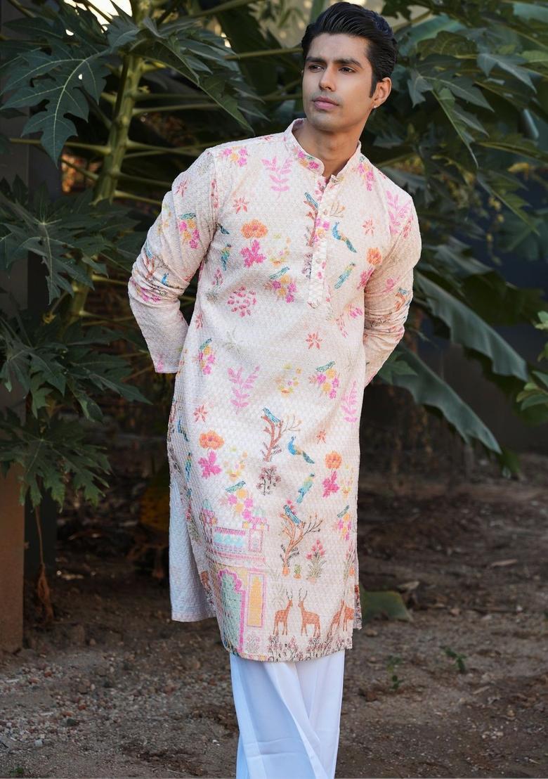 Beige Embroidered Cotton Kurta For Men - Indya