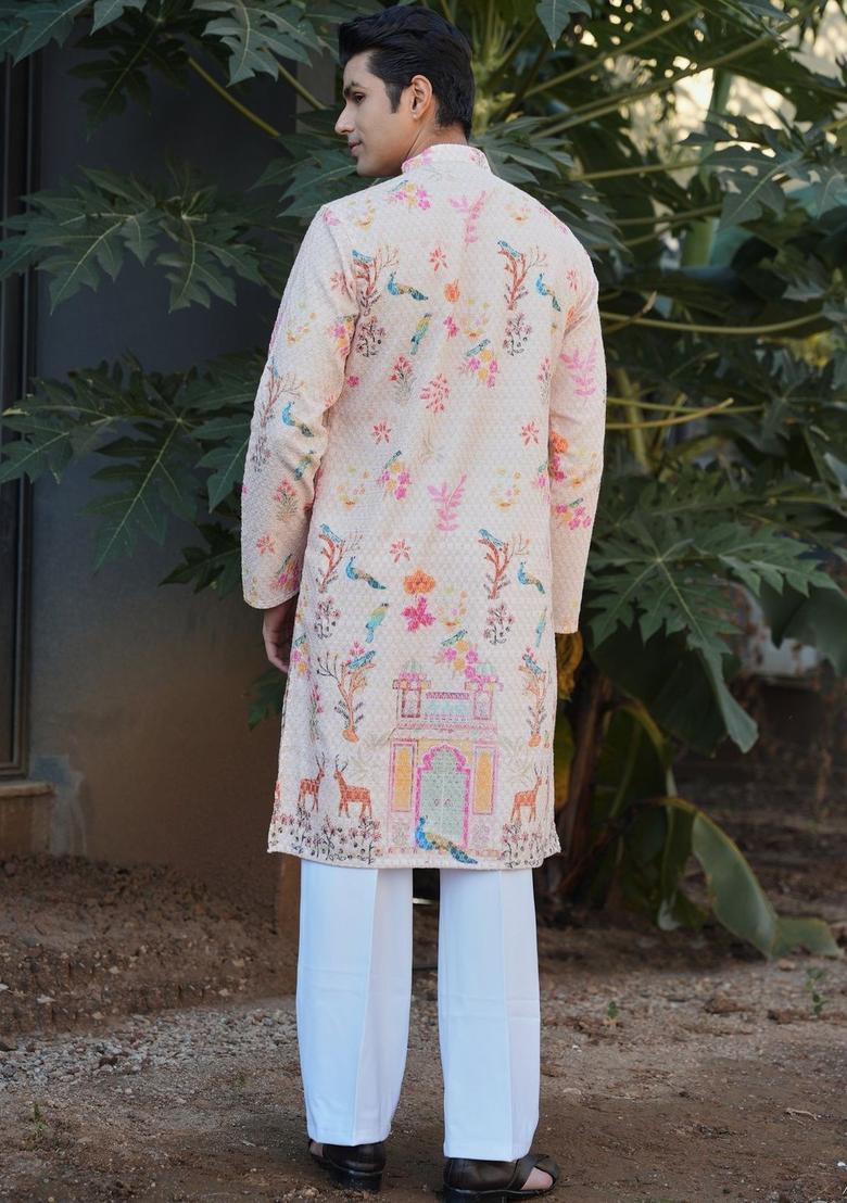 Beige Embroidered Cotton Kurta For Men - Indya