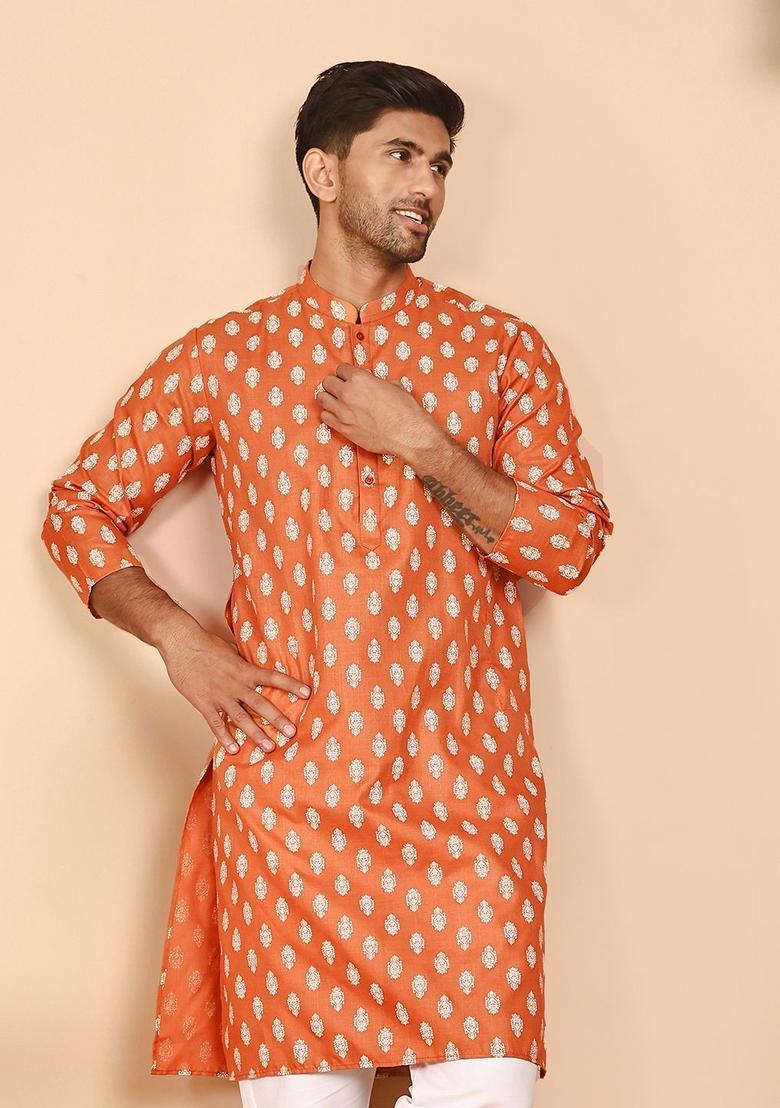 Orange Printed Cotton Kurta For Men - Indya