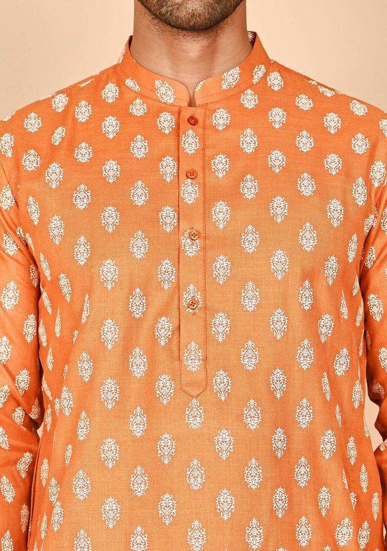 Orange Printed Cotton Kurta For Men - Indya