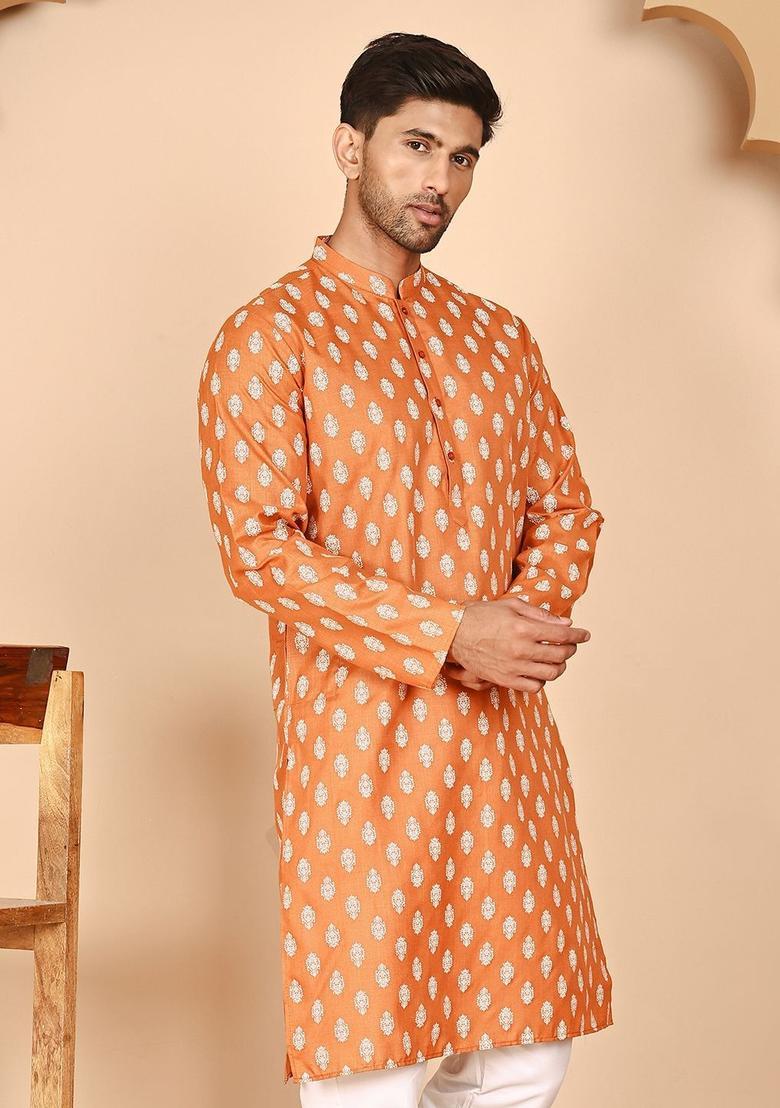 Orange Printed Cotton Kurta For Men - Indya