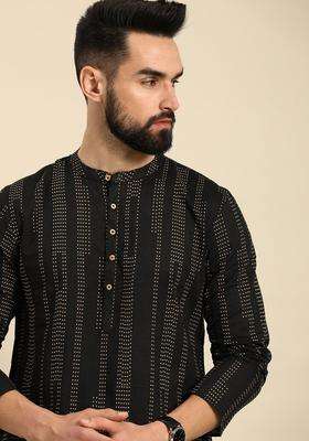Black Striped Cotton Kurta For Men