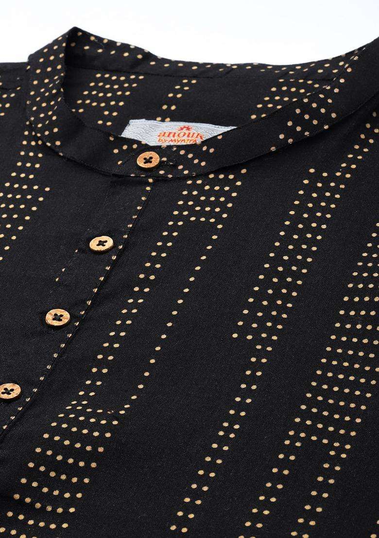 Black Striped Cotton Kurta For Men - Indya