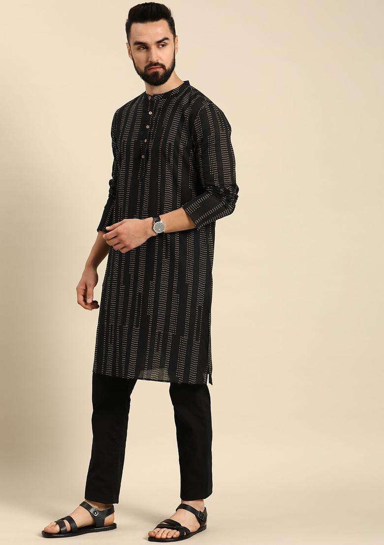 Black Striped Cotton Kurta For Men - Indya