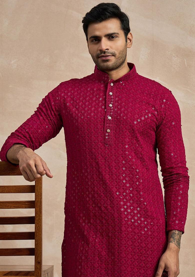 Red Embroidered Viscose Kurta For Men - Indya