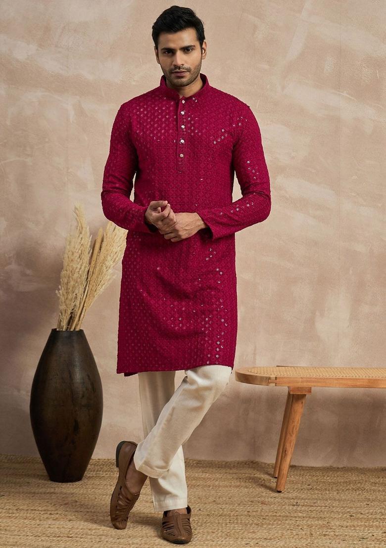 Red Embroidered Viscose Kurta For Men - Indya