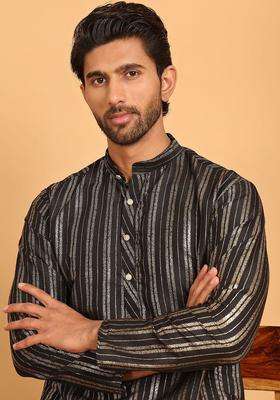 Black Striped Cotton Kurta For Men