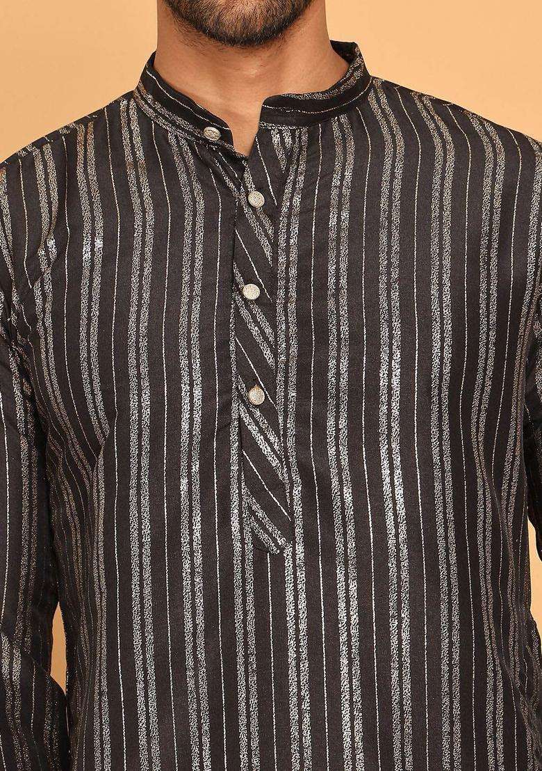 Black Striped Cotton Kurta For Men - Indya