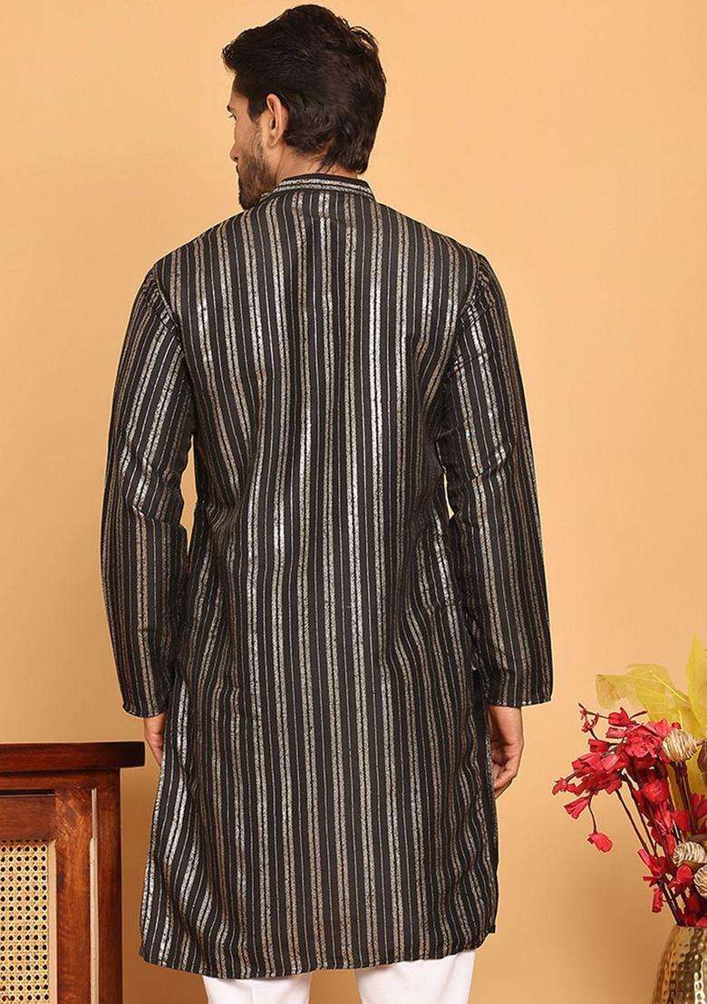 Black Striped Cotton Kurta For Men - Indya