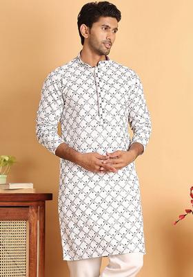 White Embroidered Viscose Kurta For Men