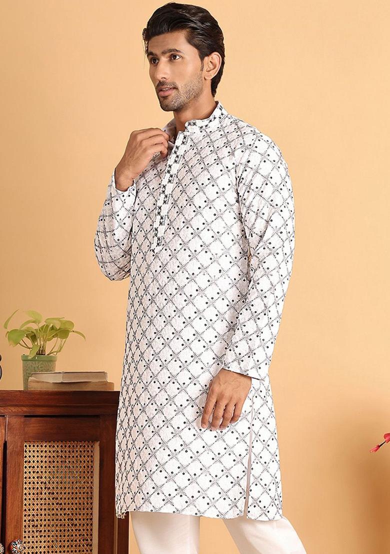 White Embroidered Viscose Kurta For Men - Indya