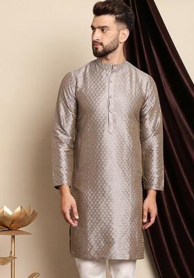 Grey Woven Design Cotton Kurta For Men