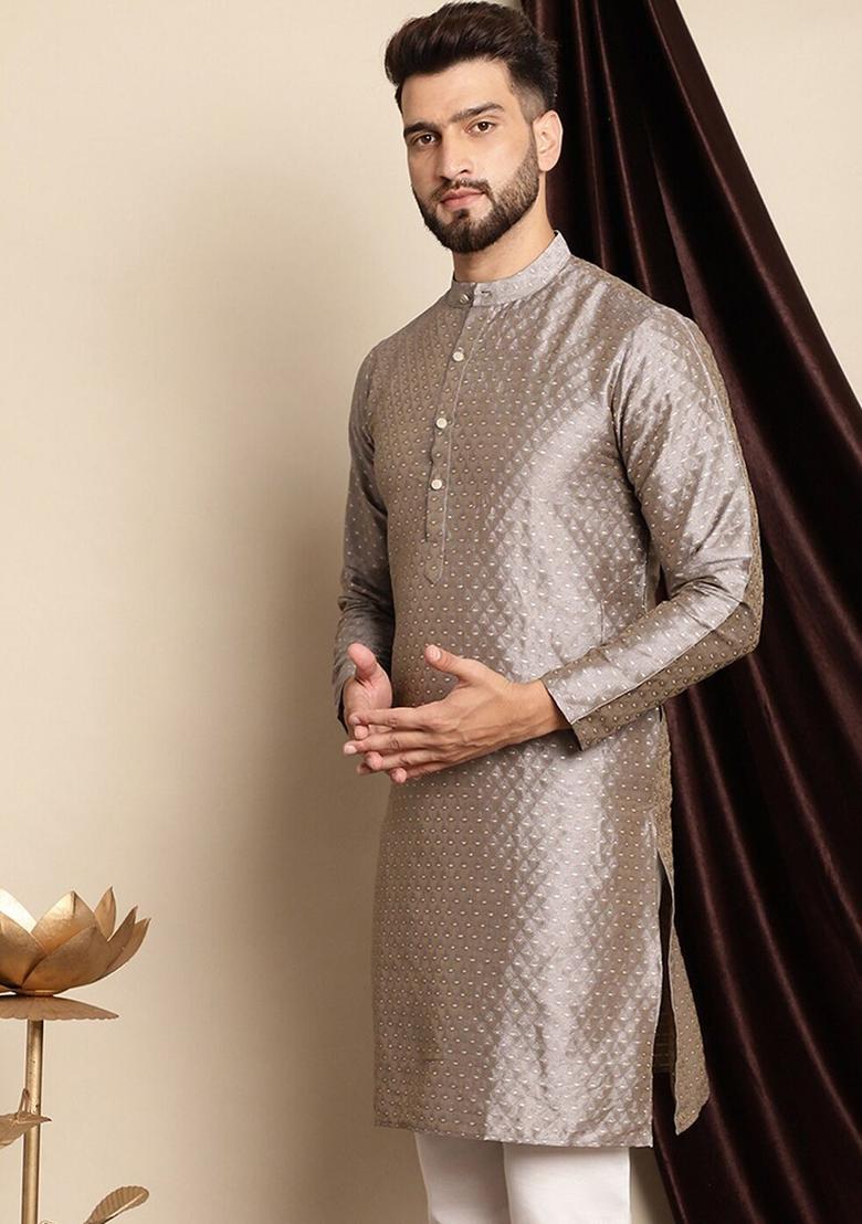 Grey Woven Design Cotton Kurta For Men - Indya