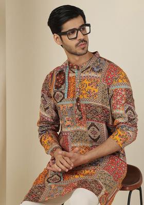Maroon Printed Viscose Kurta For Men
