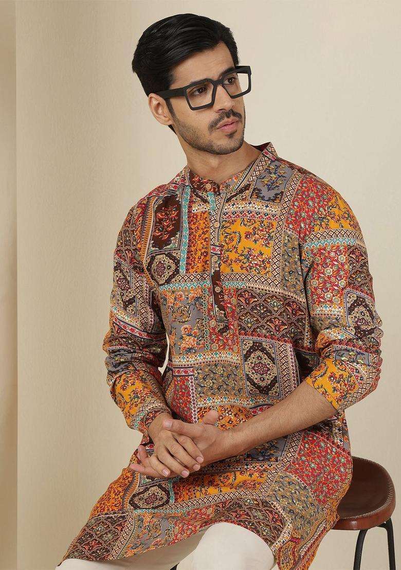 Maroon Printed Viscose Kurta For Men - Indya