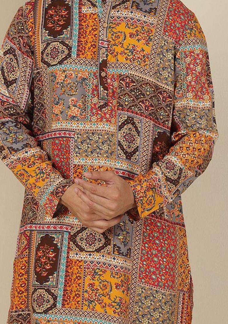 Maroon Printed Viscose Kurta For Men - Indya