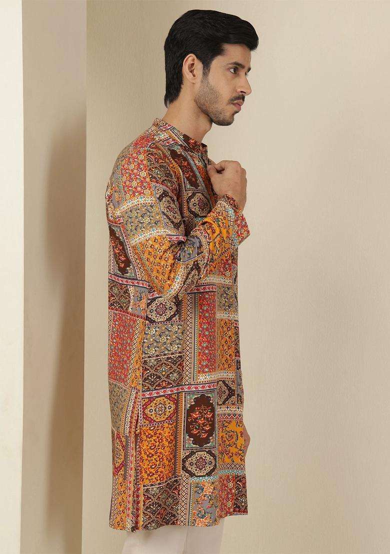 Maroon Printed Viscose Kurta For Men - Indya