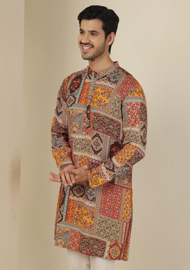 Maroon Printed Viscose Kurta For Men - Indya