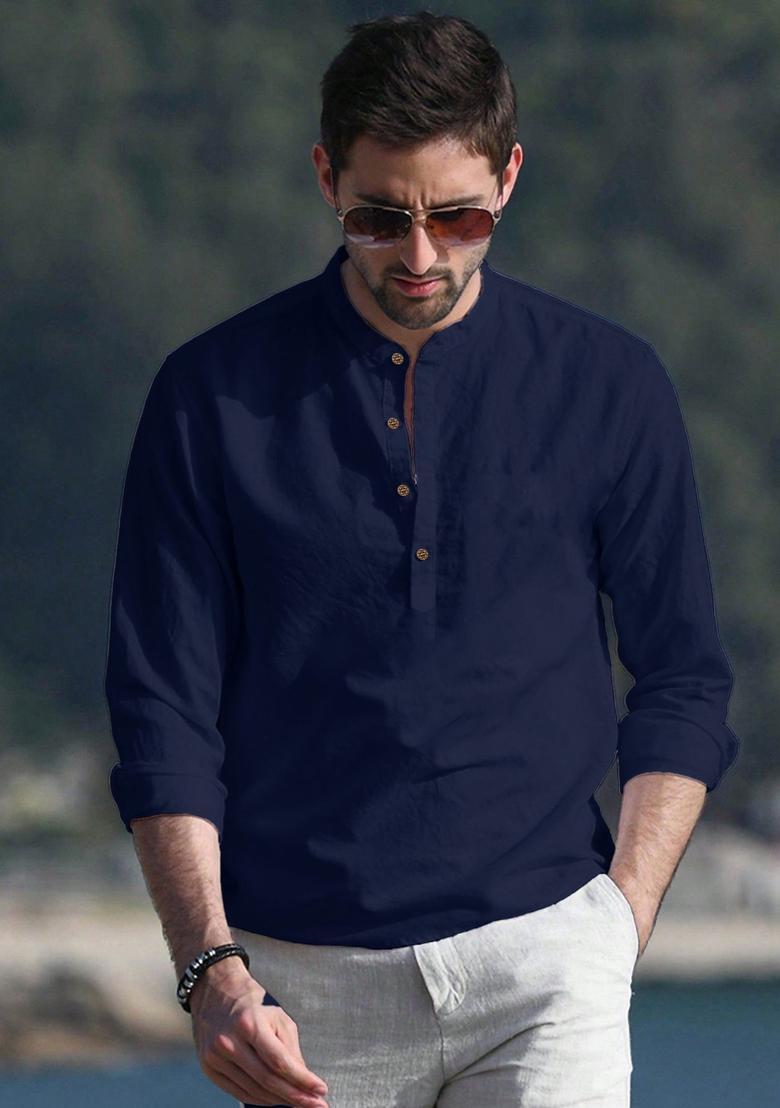 Blue Solid Cotton Kurta For Men - Indya