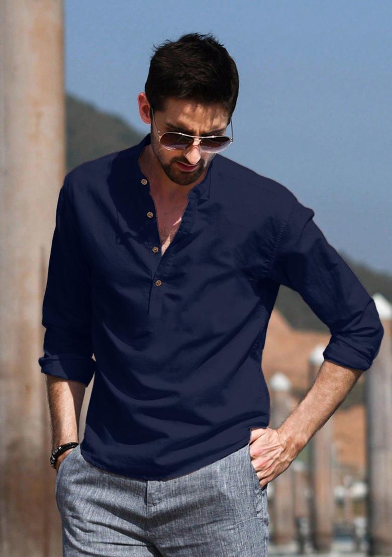 Blue Solid Cotton Kurta For Men - Indya