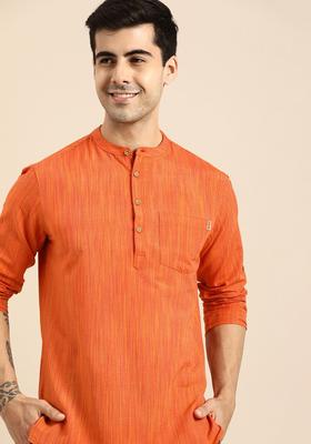 Orange Striped Polyester Kurta For Men