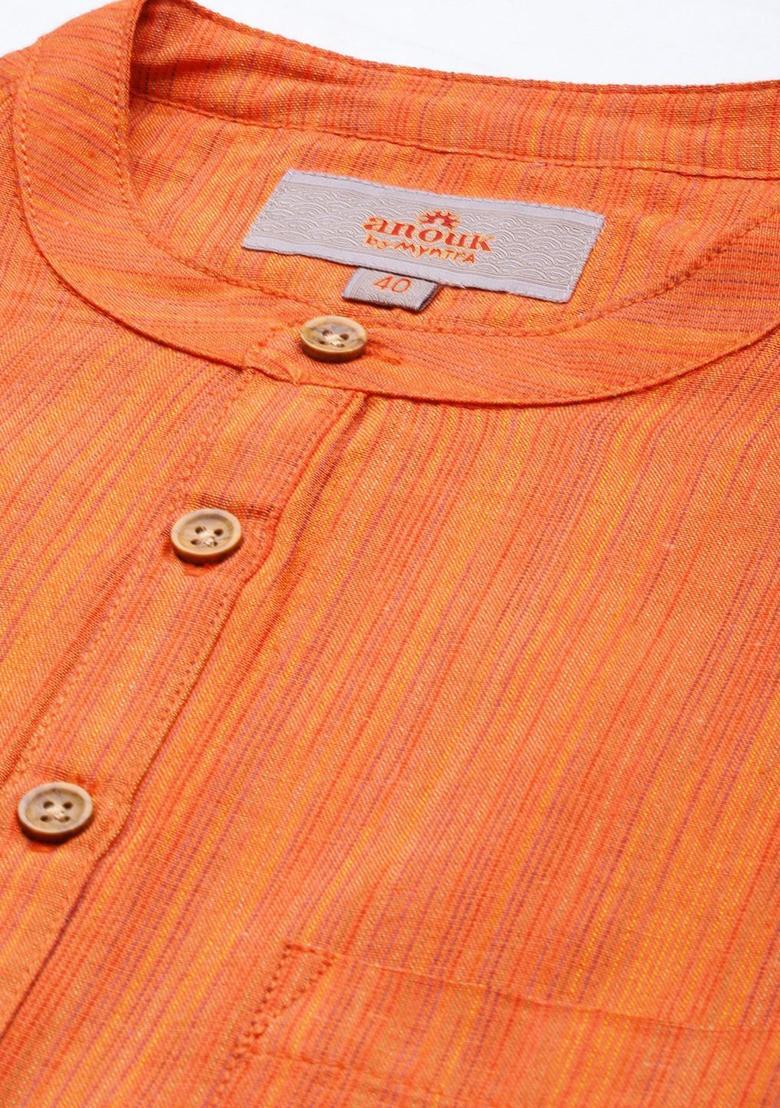 Orange Striped Polyester Kurta For Men - Indya