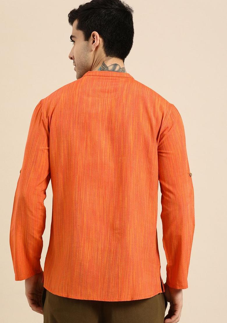 Orange Striped Polyester Kurta For Men - Indya