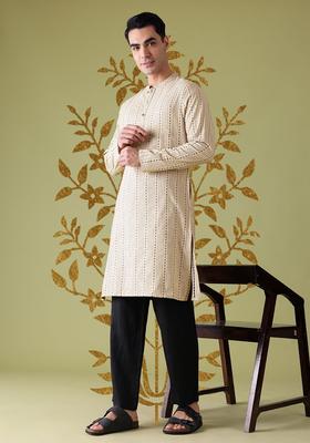 Beige Striped Polyester Kurta For Men