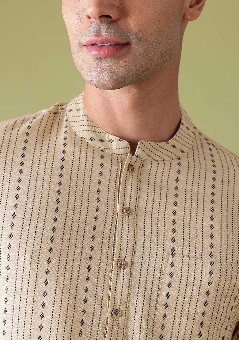 Beige Striped Polyester Kurta For Men - Indya